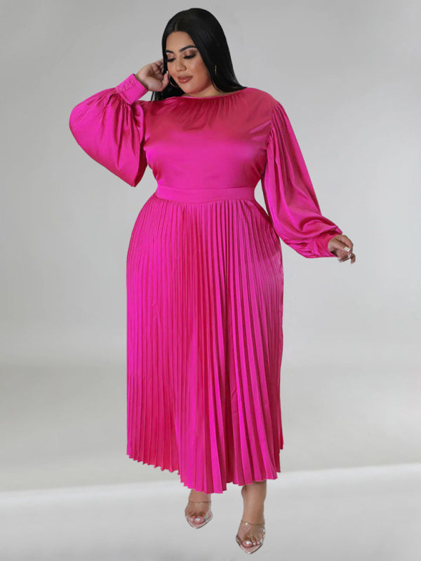 Curve Pleated Round Neck Long Sleeve Dress