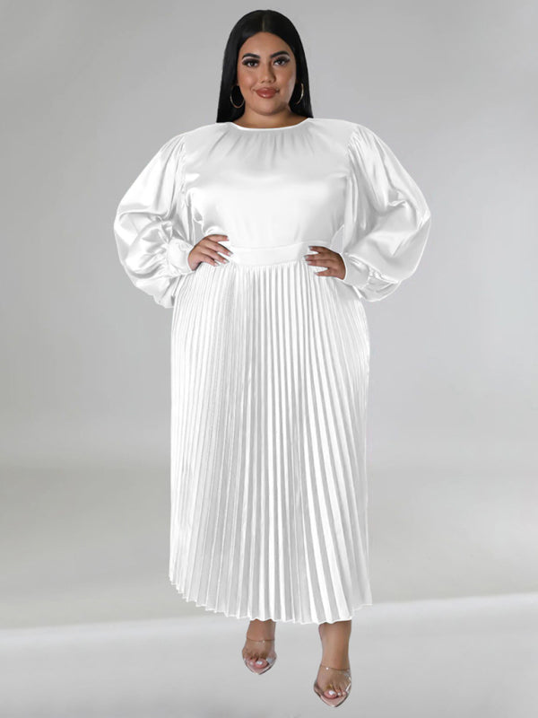 Curve Pleated Round Neck Long Sleeve Dress
