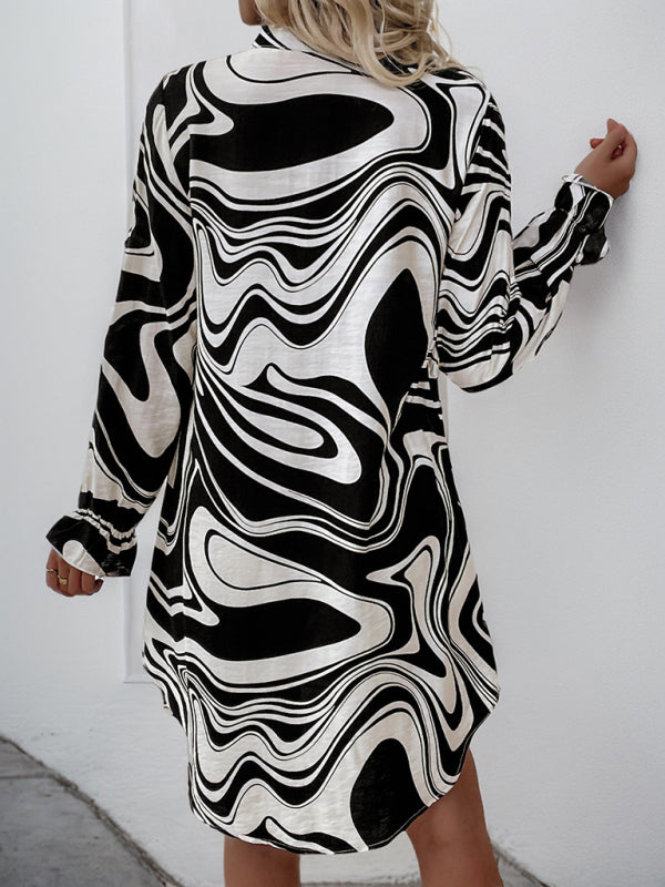 Ruffle Print Shirt Long Sleeve Dress