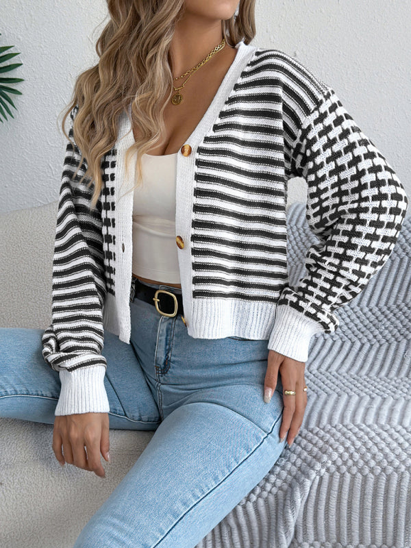Contrast Stripe Lantern Long Sleeve Cardigan