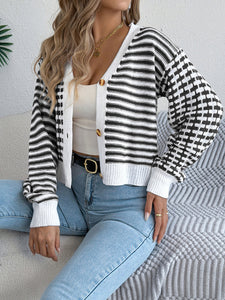 Contrast Stripe Lantern Long Sleeve Cardigan