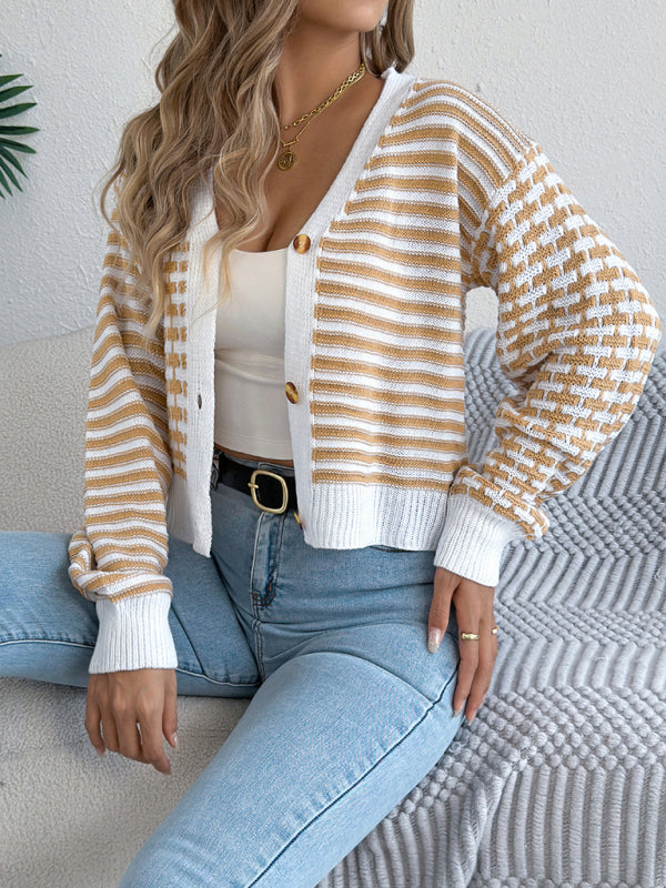 Contrast Stripe Lantern Long Sleeve Cardigan