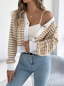 Contrast Stripe Lantern Long Sleeve Cardigan