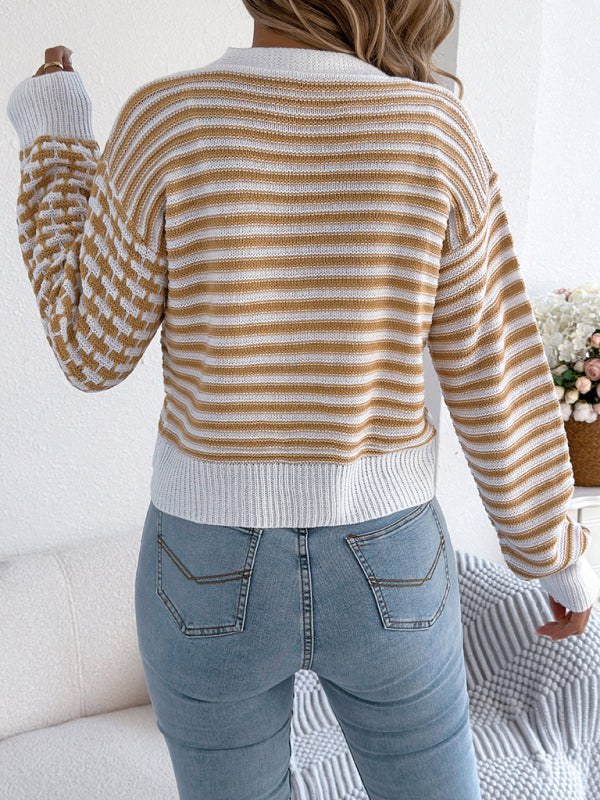 Contrast Stripe Lantern Long Sleeve Cardigan