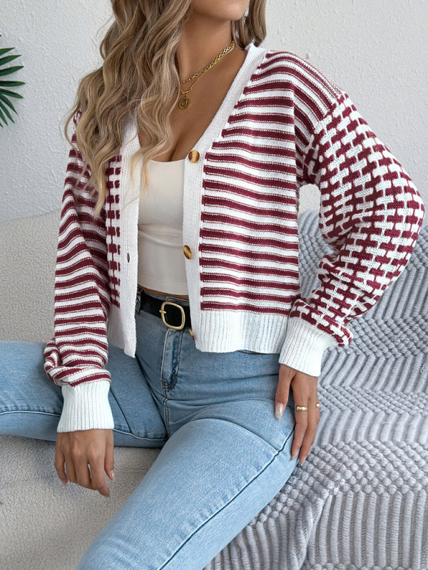 Contrast Stripe Lantern Long Sleeve Cardigan
