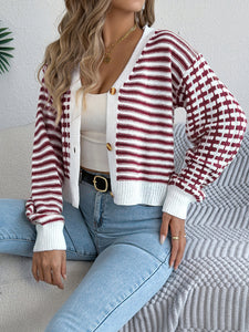 Contrast Stripe Lantern Long Sleeve Cardigan