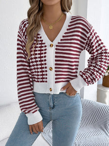 Contrast Stripe Lantern Long Sleeve Cardigan