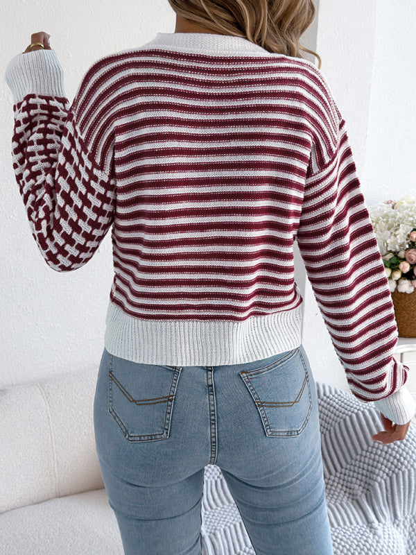 Contrast Stripe Lantern Long Sleeve Cardigan