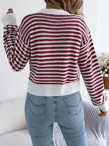 Contrast Stripe Lantern Long Sleeve Cardigan
