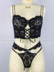 Lace Bra With Beading & 3D Flowers Underwear Set