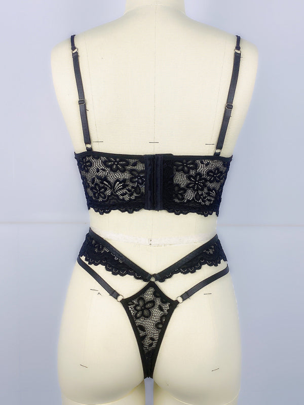 Lace Bra With Beading & 3D Flowers Underwear Set