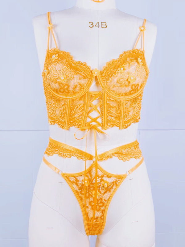 Lace Bra With Beading & 3D Flowers Underwear Set