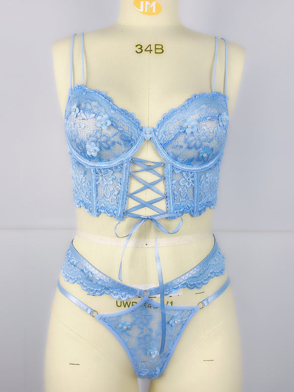 Lace Bra With Beading & 3D Flowers Underwear Set