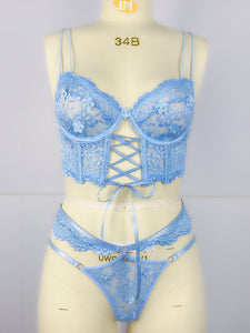 Lace Bra With Beading & 3D Flowers Underwear Set