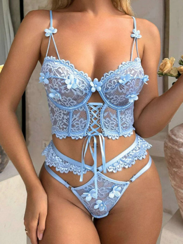 Lace Bra With Beading & 3D Flowers Underwear Set