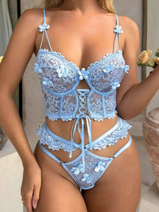 Lace Bra With Beading & 3D Flowers Underwear Set
