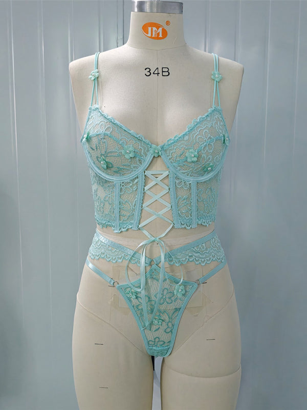 Lace Bra With Beading & 3D Flowers Underwear Set