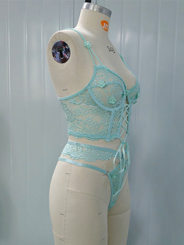 Lace Bra With Beading & 3D Flowers Underwear Set