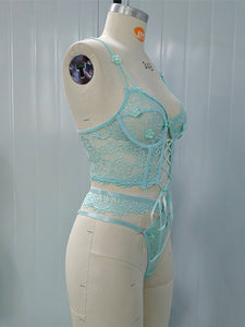 Lace Bra With Beading & 3D Flowers Underwear Set