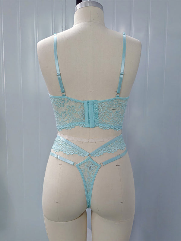 Lace Bra With Beading & 3D Flowers Underwear Set