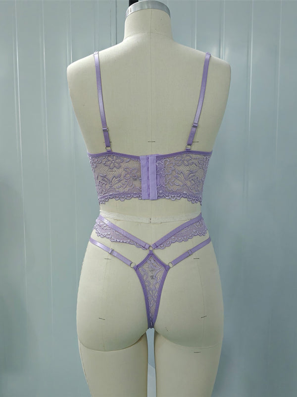 Lace Bra With Beading & 3D Flowers Underwear Set