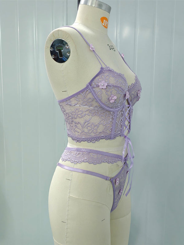 Lace Bra With Beading & 3D Flowers Underwear Set