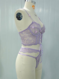 Lace Bra With Beading & 3D Flowers Underwear Set