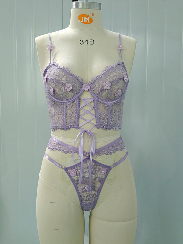 Lace Bra With Beading & 3D Flowers Underwear Set