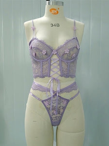 Lace Bra With Beading & 3D Flowers Underwear Set