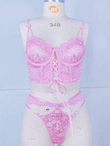 Lace Bra With Beading & 3D Flowers Underwear Set