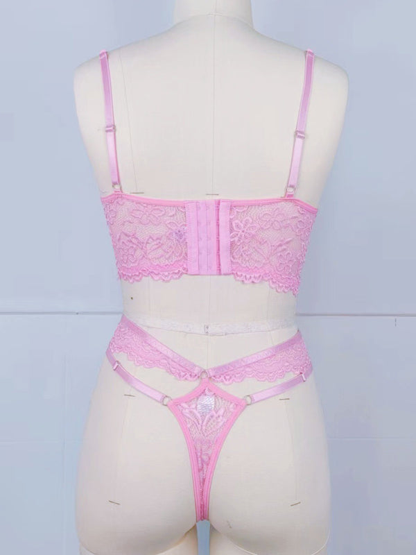 Lace Bra With Beading & 3D Flowers Underwear Set