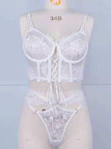 Lace Bra With Beading & 3D Flowers Underwear Set