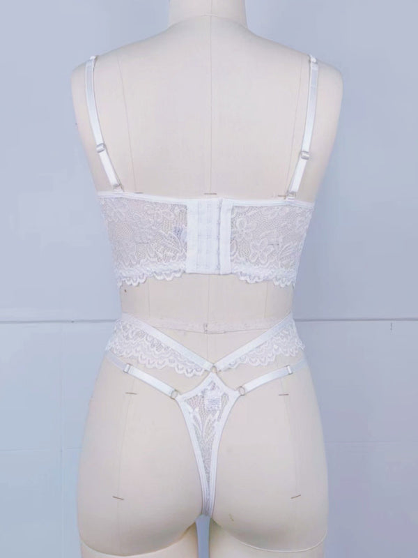 Lace Bra With Beading & 3D Flowers Underwear Set