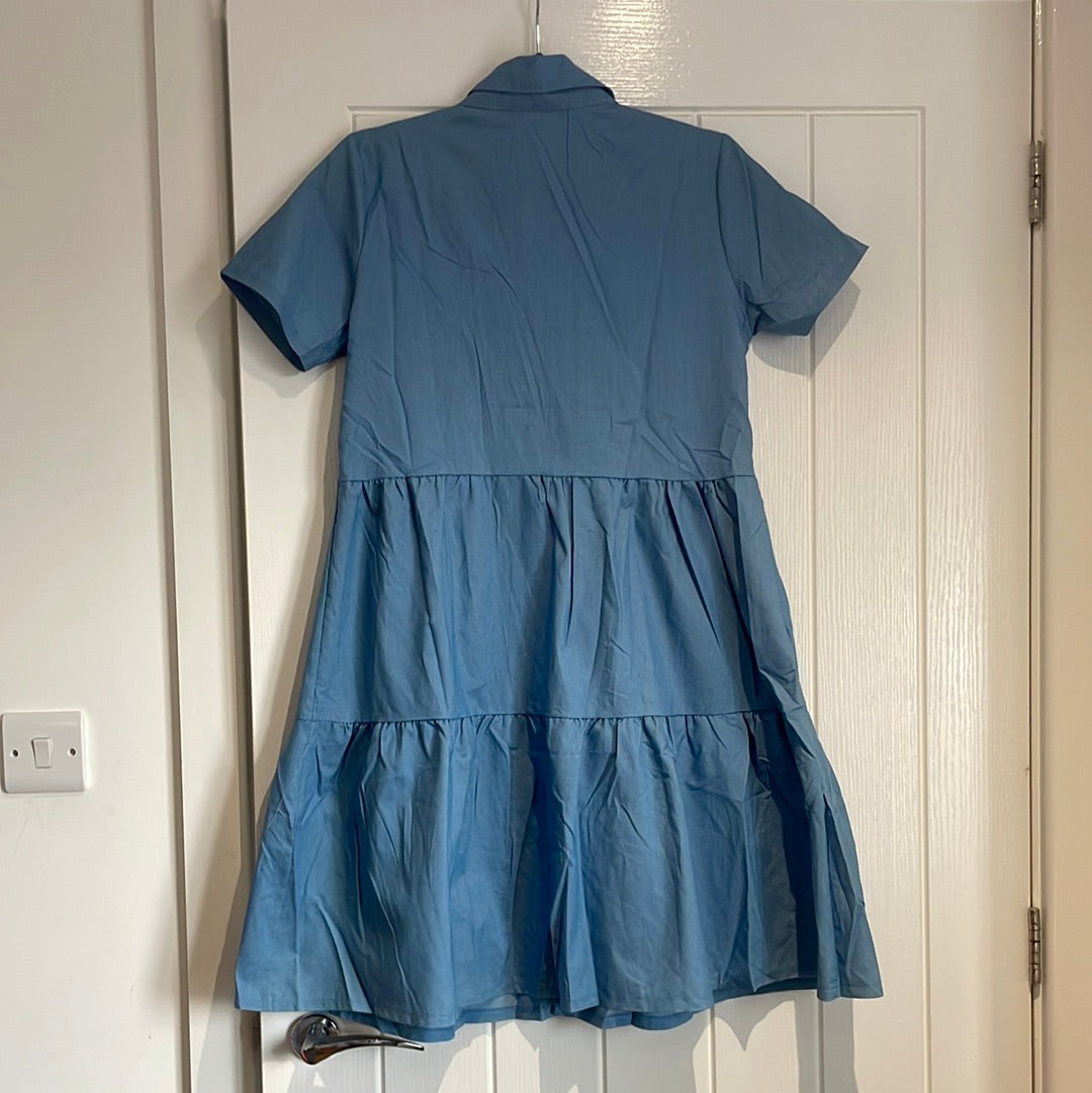 Blue Lapel Short Sleeve Midi Dress