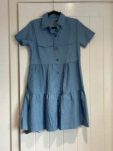 Blue Lapel Short Sleeve Midi Dress