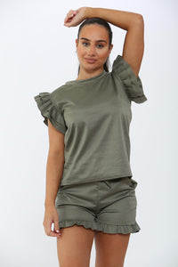 Frill Peplum Sleeve Top & Short 2 Piece Tracksuit Set