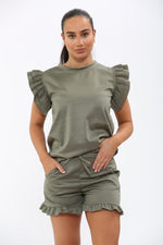 Load image into Gallery viewer, Frill Peplum Sleeve Top &amp; Short 2 Piece Tracksuit Set
