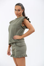Load image into Gallery viewer, Frill Peplum Sleeve Top &amp; Short 2 Piece Tracksuit Set
