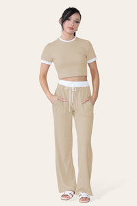 Ribbed Contrast Wide Leg Flared Trousers & Top Loungewear Set