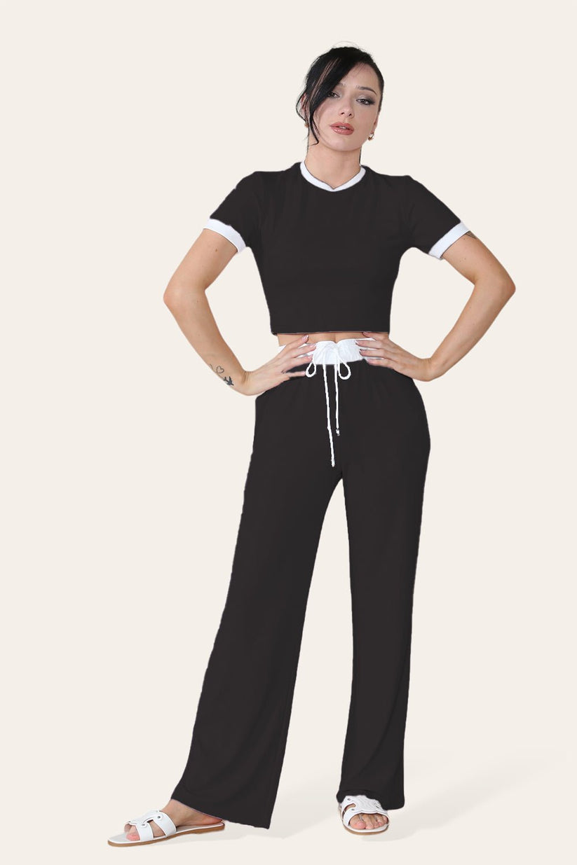 Ribbed Contrast Wide Leg Flared Trousers & Top Loungewear Set