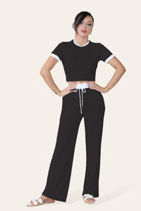 Ribbed Contrast Wide Leg Flared Trousers & Top Loungewear Set