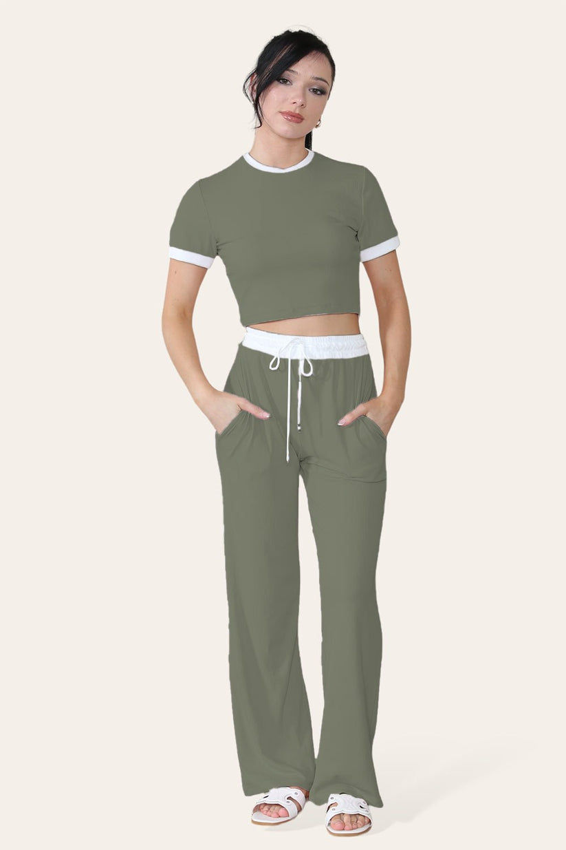 Ribbed Contrast Wide Leg Flared Trousers & Top Loungewear Set