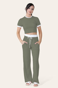 Ribbed Contrast Wide Leg Flared Trousers & Top Loungewear Set