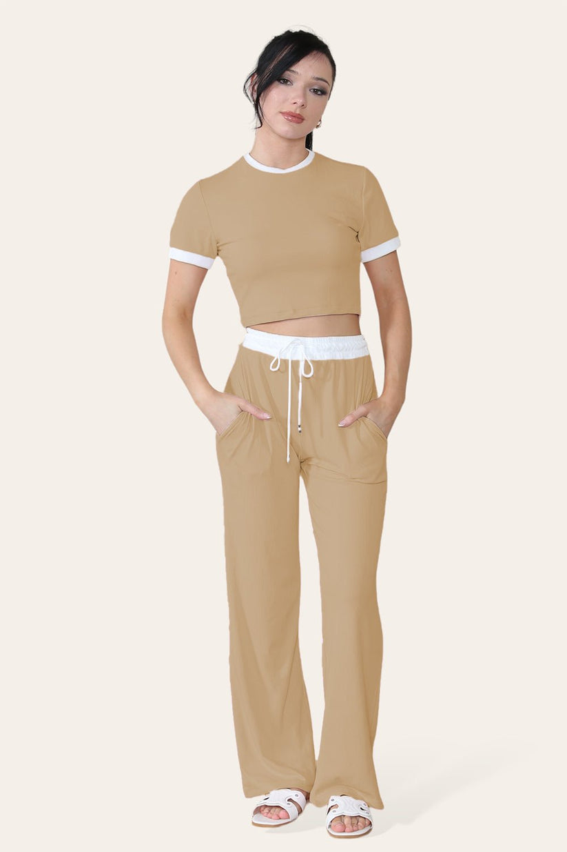 Ribbed Contrast Wide Leg Flared Trousers & Top Loungewear Set