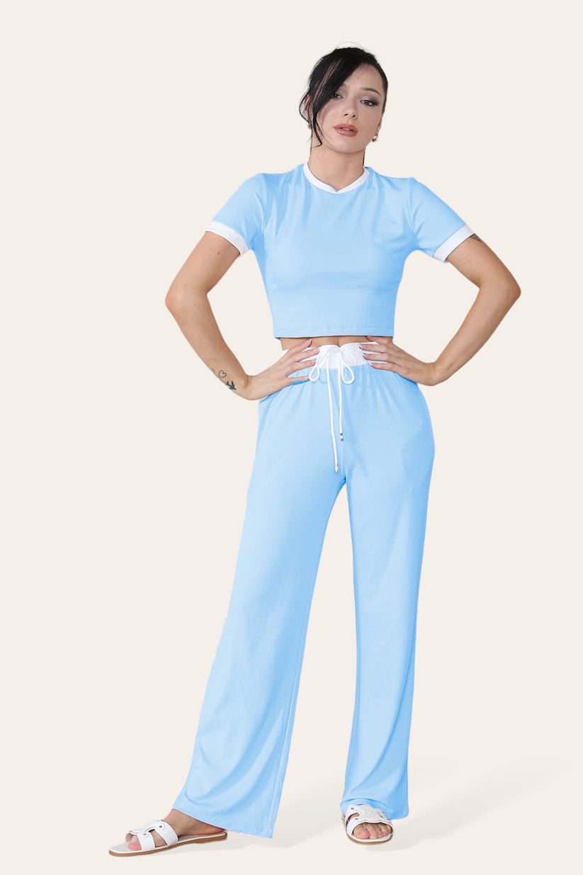 Ribbed Contrast Wide Leg Flared Trousers & Top Loungewear Set