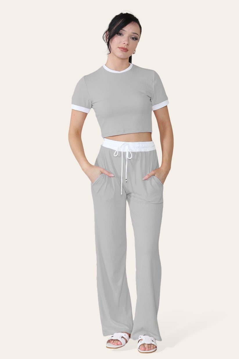 Ribbed Contrast Wide Leg Flared Trousers & Top Loungewear Set