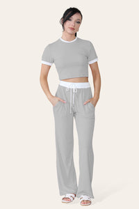 Ribbed Contrast Wide Leg Flared Trousers & Top Loungewear Set