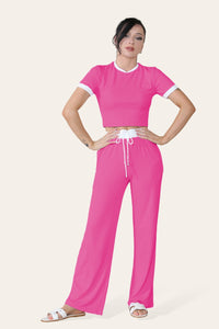 Ribbed Contrast Wide Leg Flared Trousers & Top Loungewear Set