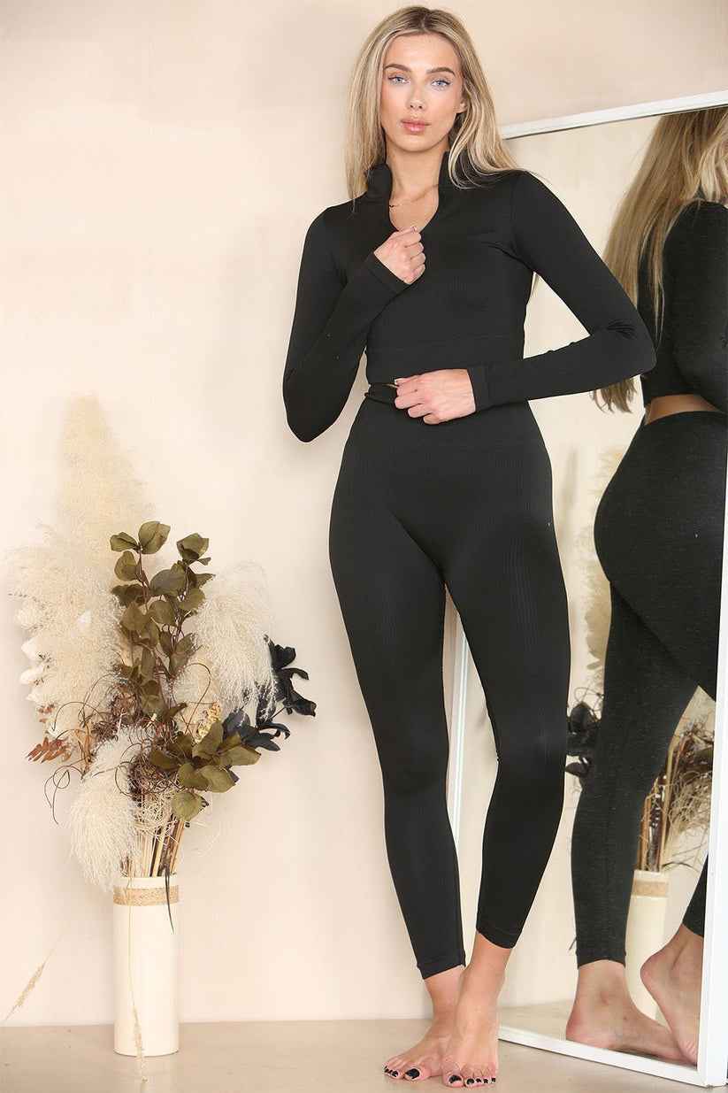 Ribbed Tracksuit Two Piece Set With Half Zip Detail