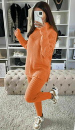 Load image into Gallery viewer, Chunky Knitted Ribbed Polo High Neck Top Leggings Loungewear Set
